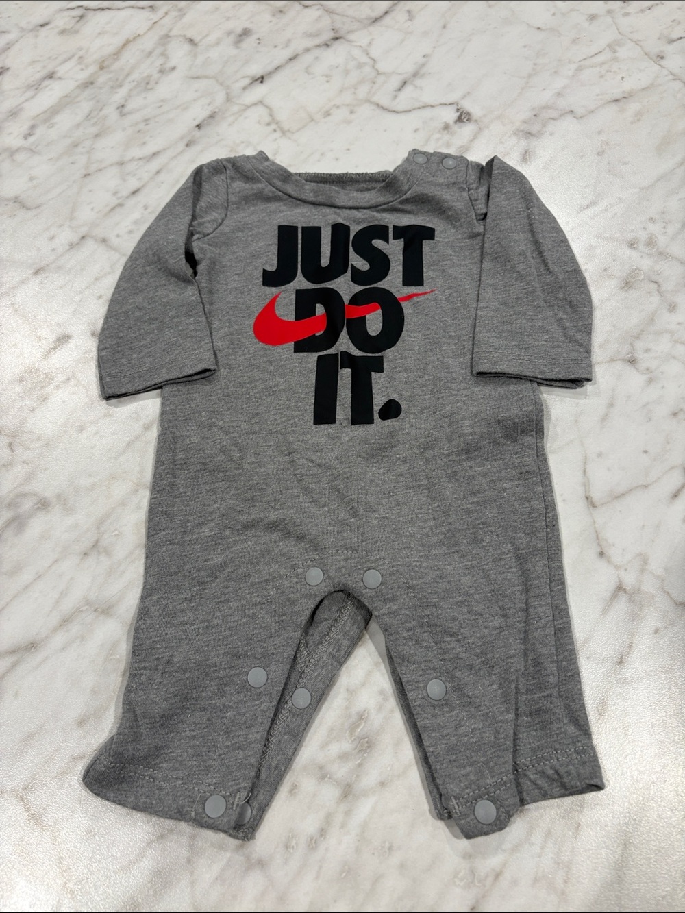 Nike Gray Baby One-Piece with Red Swoosh 'Just Do It'